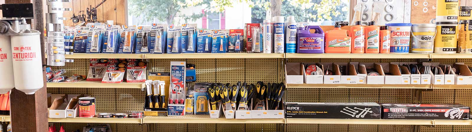 various items on shelves in the hardware store